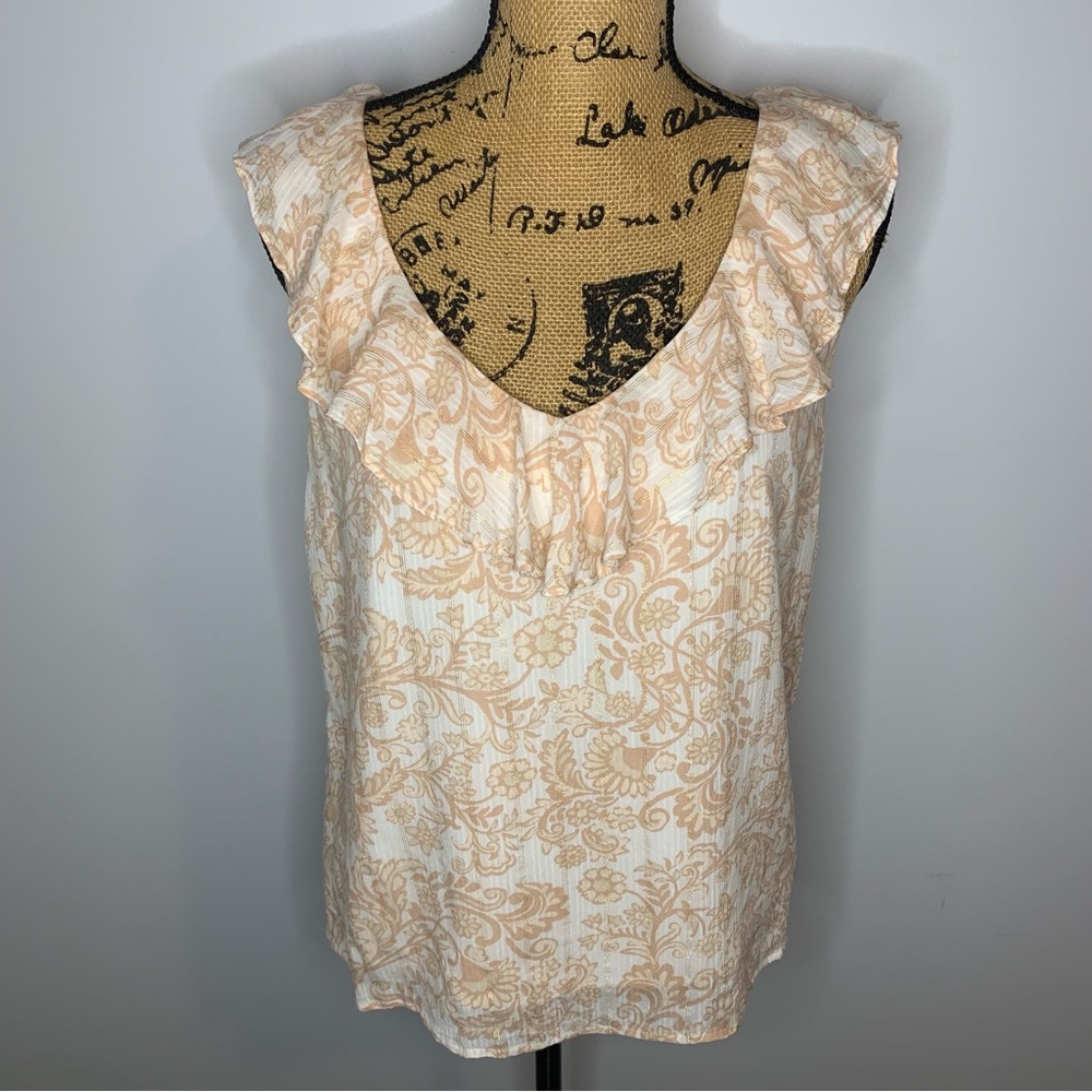 LOFT Shimmer Ruffle Sleeveless V-Neck Lined Shell with Tan Paisley Print - Picture 1 of 11